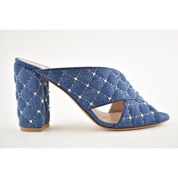 Valentino Rockstud Spike Denim Blue Mule Stud Backless Sandal Open Heel Pump 37 - Picture 3 of 12